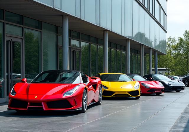 Mehrere Luxusautos parken ordentlich vor einem modernen Firmengebäude.