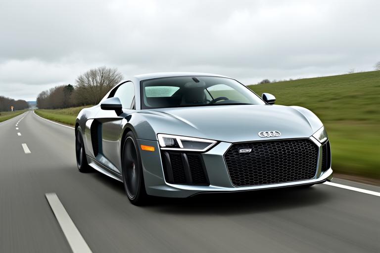 Ein grauer Audi R8 V10 fährt auf einer Landstrasse.