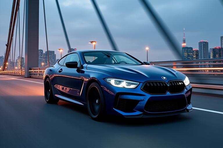 Ein dunkelblauer BMW M8 Competition fährt auf einer Brücke.