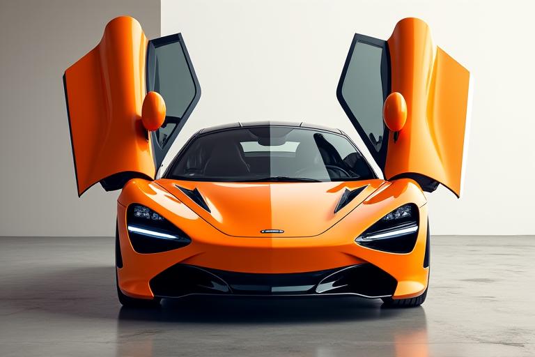 Ein orangefarbener McLaren 720S mit geöffneten Türen.